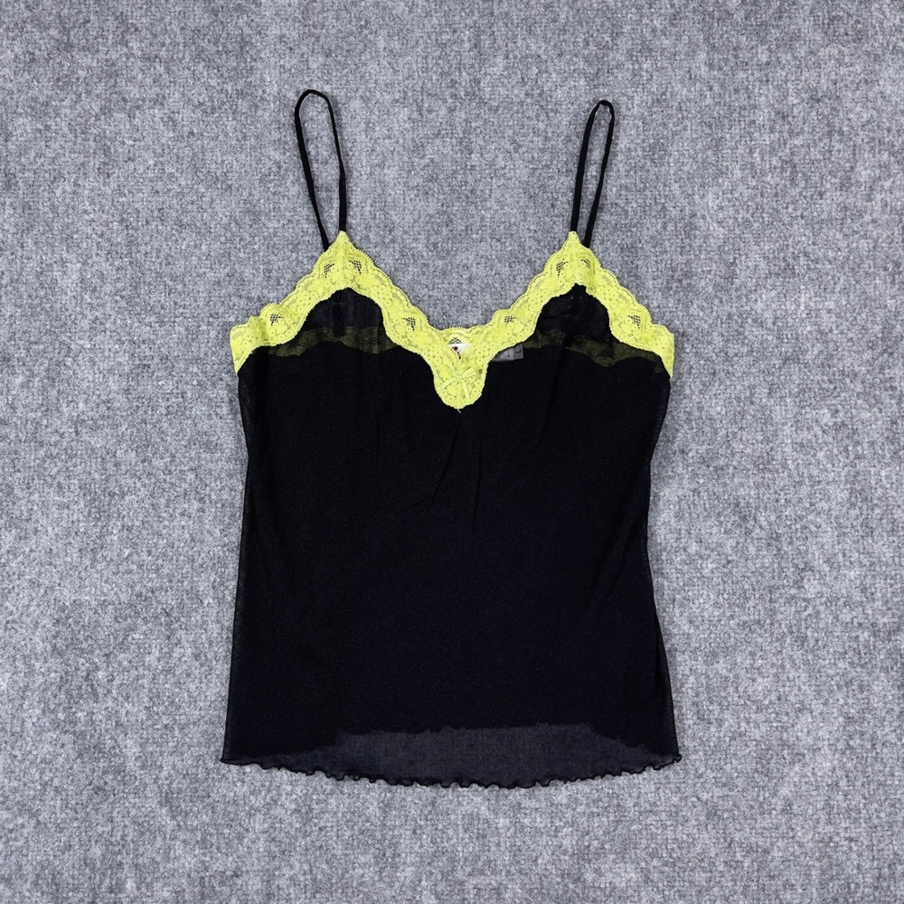 Mary Green Lace Trim Cami Top Women Large Black Neon Green Sheer Nylon